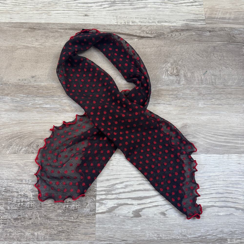 Black Red Polka Dot Sheer Mesh Skinny Scarf Ruffle Coquette Y2K Goth Valentine